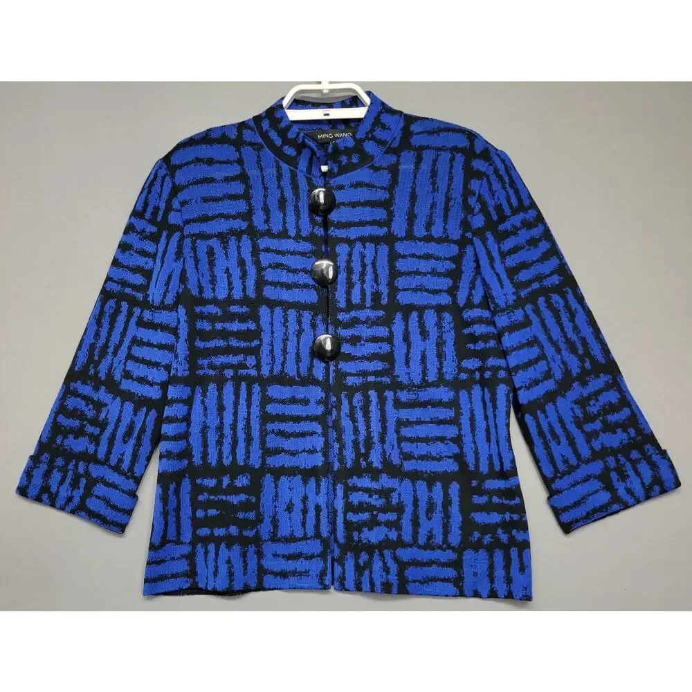 Ming Wang Knitted Cardigan Womens Small Blue Mandarin‎ Collar Geometric Corpcore
